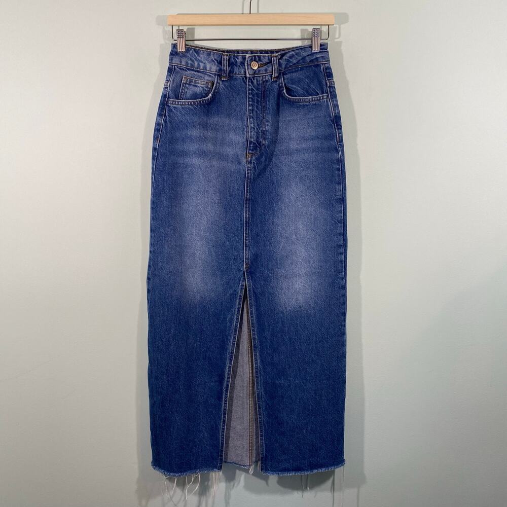 Zara Blue Denim Maxi Skirt with Front Slit